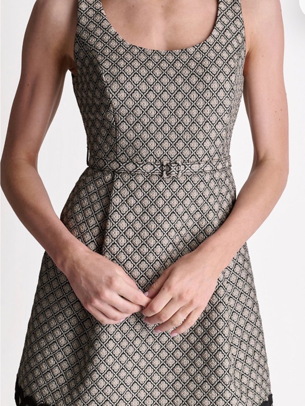 BCBG Sleeveless Mini Dress in Black and Cream Diamond Jacquard